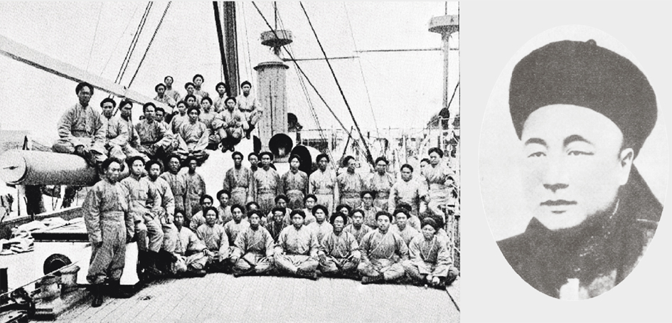 左图：“致远号”乘员合影，大约是在甲午战争时期所摄。（维基百科）；右图：“致远号”邓世昌谥号“壮节公”。