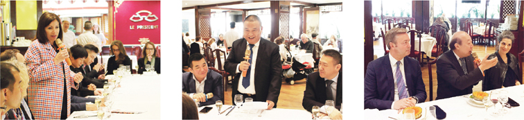 左图:伊达尔戈在午餐宴上致辞;中图:美丽城联合商会会长姜金玉(中)在会上致辞,池万峰(左)、幸福楼东主陈东晓(右); 右图:街区商家代表陈广城(中)与市长谈论街区生活,11区负责商业的副区长杜克卢(Philippe Ducloux)(左)、巴黎市负责商业的副市长波勒斯基(Olivia Polski)(右)。(摄影:林莲怡/看中国)
