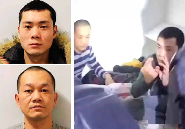 左上:王凯。左下:陈全。右图:俩嫌犯被破门而入的警方所抓捕。(视频截图)