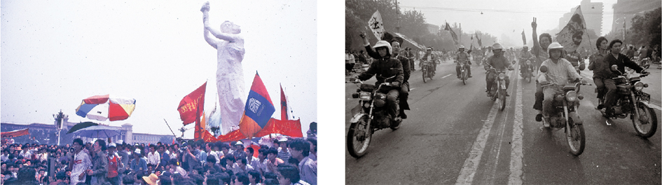 左:学生聚集在民主女神像旁和平请愿,秩序良好。(刘建);右:被称为“飞虎队”的摩托车队游行,支持学生。(刘建)