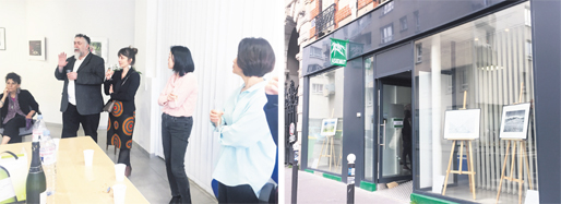 左图:展会现场,法国亚洲移民联合会主席布赛先生(Claude BUCHET) (左二);右图:法国亚洲移民联合会橱窗中展示的摄影作品。(摄影:林莲怡/看中国)