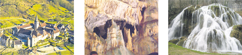 图左起:博姆莱美雪尔修道院(stephane martin/维基百科CC BY-SA 2.0);博姆莱美雪尔溶洞(Christophe.Finot/维基百科CC BY-SA 2.5);瀑布(Cjulien21/维基百科CC BY-SA 3.0)