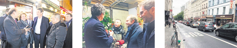左图:当日见面会场景;中图:格里沃在会后走访了多个美丽城商家,图为格里沃在神州花店与美丽城商会创会会长陈建国交谈(摄影:林莲怡/看中国);右图:美丽城街改为单行线后交通堵塞成为每日家常便饭(美丽城商家提供)。