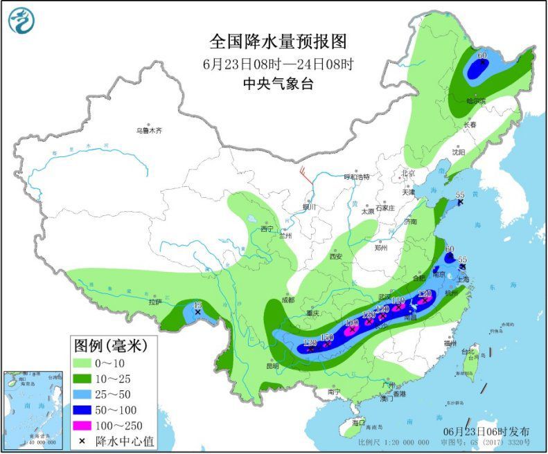 23日至25日,江淮、江南、贵州、广西等地仍有强降雨,局地甚至是大到暴雨。(图片来源:中央气象台官网截图)