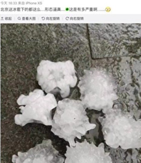 端午节北京等地突降冰雹,从网民晒出的图片可见,冰雹形状酷似冠状病毒。(图片来源:网络截图)
