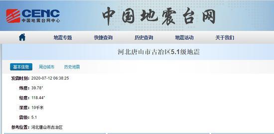 河北唐山7月12日清晨6时38分发生规模5.1地震。(图片来源:中国地震台网)
