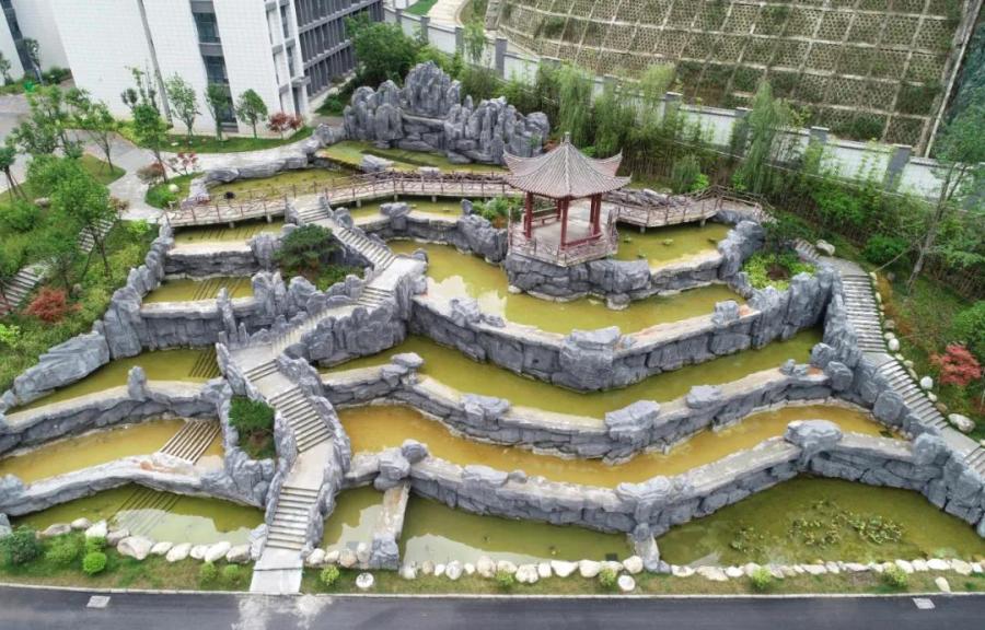削掉真山造假山瀑布群,陕西镇安建豪华中学引质疑。(图片来源:网络)
