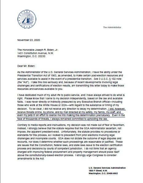 美国联邦总务署(GSA)署长墨菲(Emily Murphy)11月23日给民主党人乔·拜登的信,第一页,明确表示受到了威胁。(图片来源:总务署PDF文件)