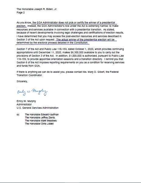 美国联邦总务署(GSA)署长墨菲(Emily Murphy)11月23日给民主党人乔·拜登的信,第二页,明确表示大选的真正赢家将由宪法程序决定。(图片来源:总务署PDF文件)