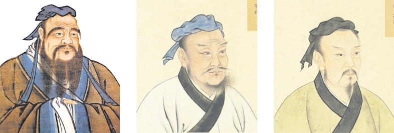 左图:孔子(公有领域);中图:子路(公有领域);右图:子贡(公有领域)