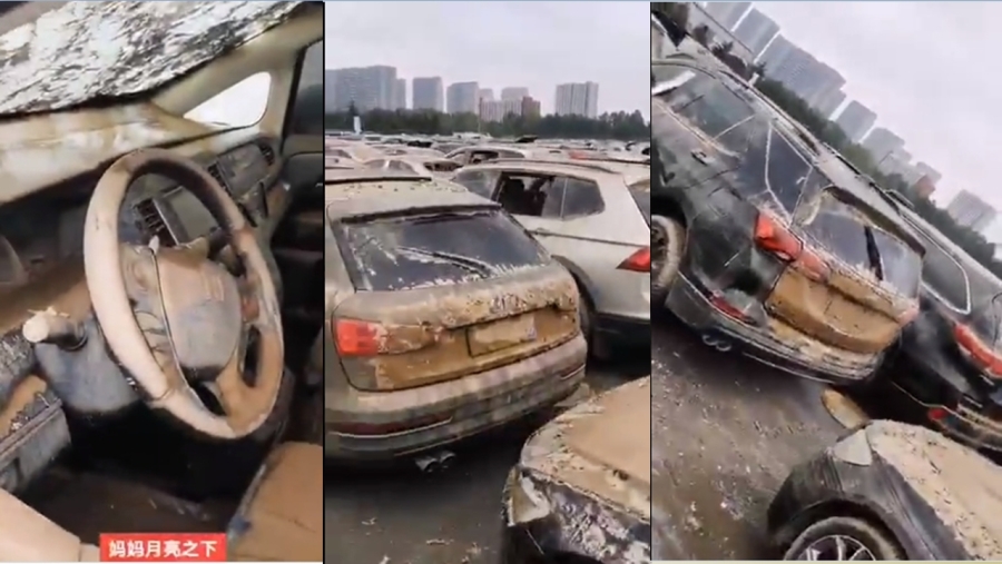 网传郑州京广路隧道成百上千被淹车辆曝光,车内人员却不知所踪(图片来源:视频截图)