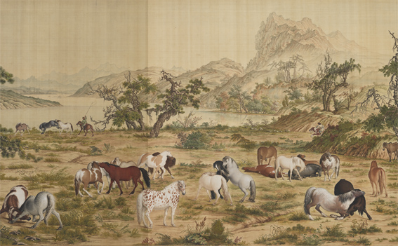 绢本《百骏图》(局部)。《百骏图》是中国十大传世名画之一,创作于1724-1728年,画中的马匹都是雍正帝的马。画幅纵102cm,横813cm,现收藏于国立故宫博物院。作者以欧洲的绘画方法注重于表现马匹的解剖结构、体积感和皮毛的质感,使得笔下的马匹形象造型准确、比例恰当、凹凸立体;而植物的墨线勾勒,石块土坡的皴擦、物体的阴影表现均运用中国传统手法完成。画作以写实为工,专注形似,极具开拓性。(郎世宁/Wikipedia/公有领域)