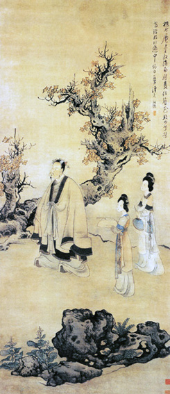 陈洪绶《升庵簪花图》,此图内容如画家题诗所说:“杨升庵先生放滇时,双髻簪花,数女子持尊,踏歌行道中。”(维基百科)