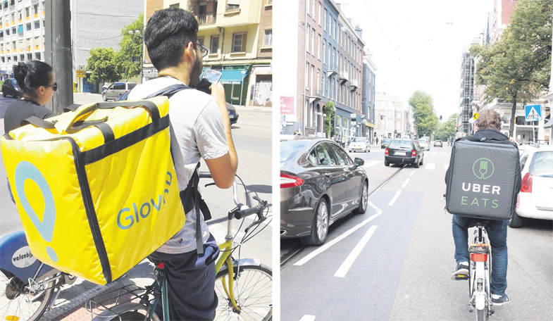 左图:Glovo送货员(Pacopac/Wikipedia/CC BY-SA 4.0) 右图:在荷兰首都阿姆斯特丹的Uber Eats外送员(Franklin Heijnen/Wikipedia/CC BY-SA 2.0)