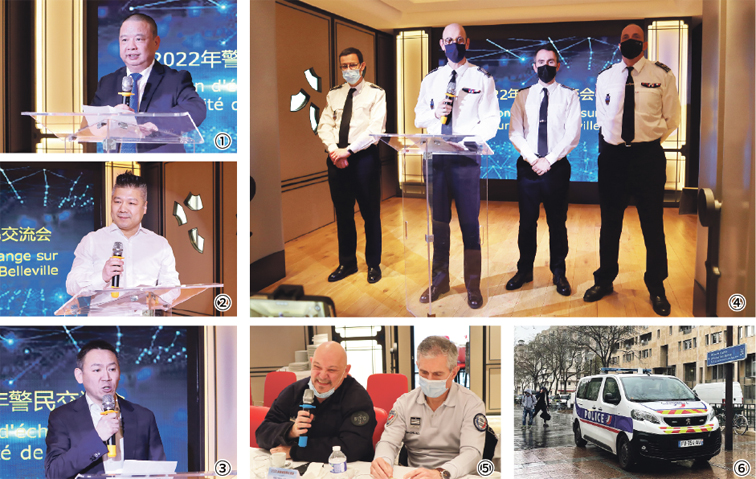 图①:美丽城联合商会会长姜金玉;图②:候任会长叶文;图③:副会长陈东晓; 图④:巴黎第二警区负责人兼20区警察局长赫贡(左二)在另三个区警察局局长的陪同下做美丽城年度治安总结; 图⑤:BTC警队队长帕图罗(左)与指挥官布雷尔(右);图⑥:停在美丽城十字路口的BTC巡逻队警车。(摄影:林莲怡/看中国)