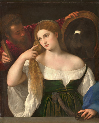 "Svelature, trenta o quaranta!"(“透明色,30或40层!”)这是意大利画家提香(Titian)著名的感叹。人物颈部、肩部光学灰的使用令罩染技法更出色地发挥它的魅力,形成了这幅完成于1515年的传世佳作《镜前女子》(La femme au miroir)。画中女人身上服饰和肌肤细腻微妙的色彩变化透过数十层透明色罩染被刻画得栩栩如生,这是使用今天大众所熟悉的直接调配颜料一两遍之后成型的技法所无法达到的,同样也是缺乏耐心和意志的画家们所无法采用的。因为即使一幅不大的多层罩染技法油画也需要数倍于直接技法的时间来完成,这就是为何古代大师们往往花费数月甚至数年的时间才能完成一幅画的原因之一。(公有领域)