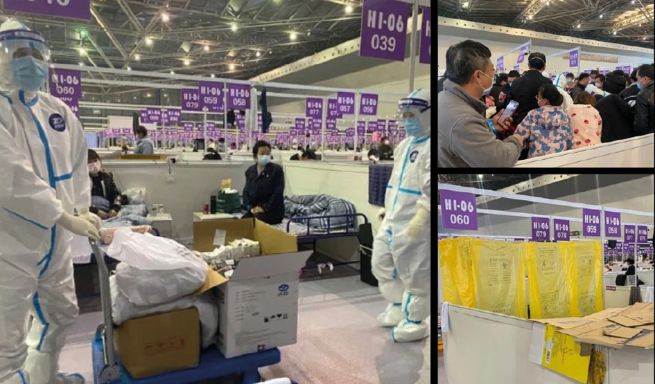 左图:上海方舱医院;右上图:一开始管理混乱,人们争先恐后地去买食物;右下图:人们试图使用废纸盒和塑料袋来创造一些隐私。