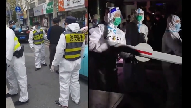 左图:封控状况。右图:上海市民没食物可吃,与封控人员对峙。(图片来源:网络图片)