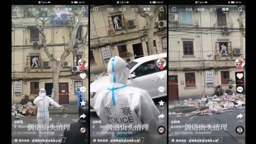 “大白(身穿白色防护衣的防疫人员)”拿到钥匙后,登门入室消杀,但“大白”帮居民消杀的状况(把东西往外丢),吓坏不少人。(图片来源:网络图片)