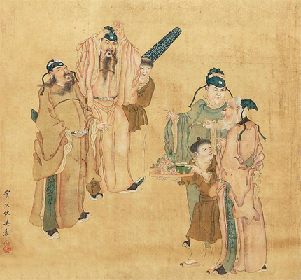 《四相簪花图》局部。四位丞相分别为韩琦、王珪、王安石、陈升之。(明•仇英/公有领域)