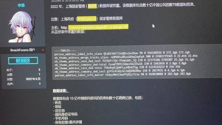 上海公安系统疑似发生大规模个资泄漏,涉及全中国10亿人。(图片来源:推特截图)