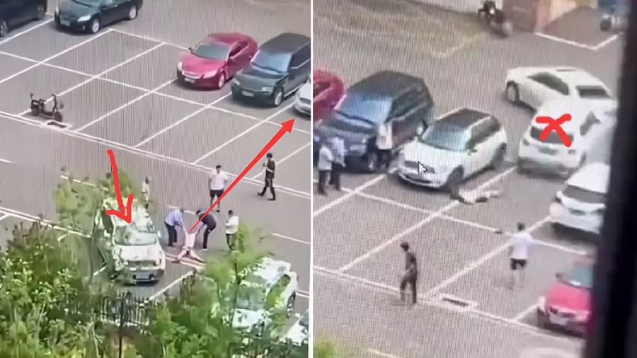 两名男子将受害女拖走,试图借此避难一劫。(图片来源:视频截图)