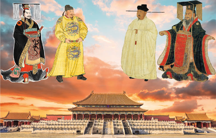 从左至右:秦始皇、唐太宗、宋太宗、晋武帝(公有领域)背景:紫禁城(123RF)