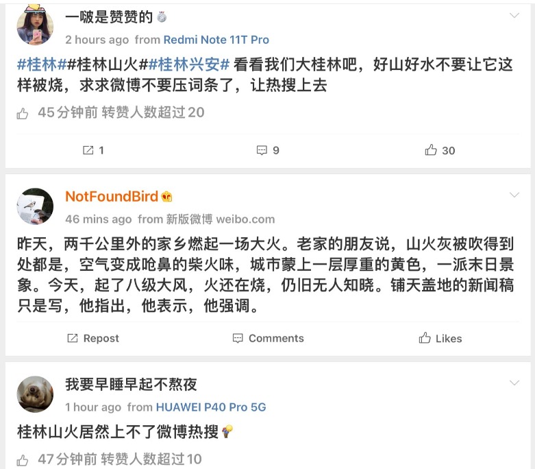 微博网友说:“桂林山火居然上不了微博热搜”。(图片来源:网路截图)