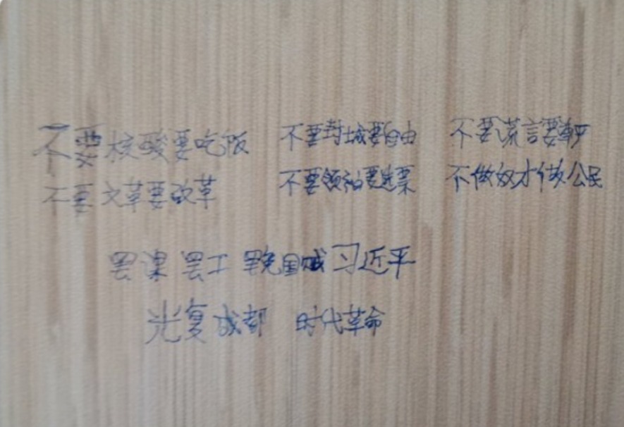 网传写在成都地铁南湖立交站内的标语。(图片来源:网路截图)