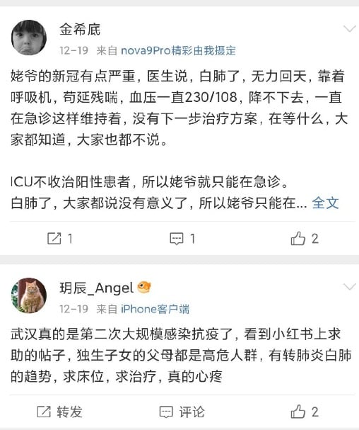 微博网友发帖评论 “ 白肺 ”。(图片来源:网路截图)
