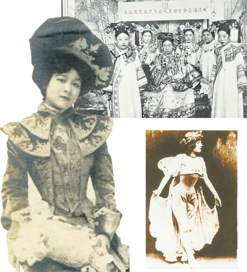 左图:慈禧太后御前女官裕容龄;右上图:裕容龄(右三)与慈禧太后合影;右下图:1902年,裕容龄表演舞蹈《玫瑰与蝴蝶》时扮演蝴蝶仙子的照片。(公有领域)