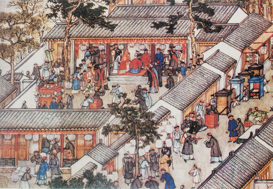 清•徐扬所绘《姑苏繁华图》中描绘新郎、新娘拜堂的过程。(公有领域)