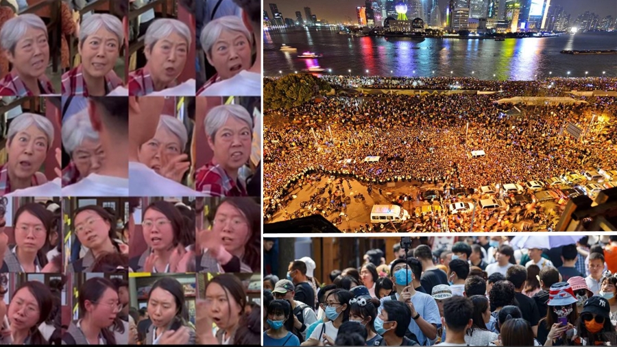 两母女插队后凶人,五一假期外滩人满为患,成都宽巷子人挤人。(图源:网络图片合成)