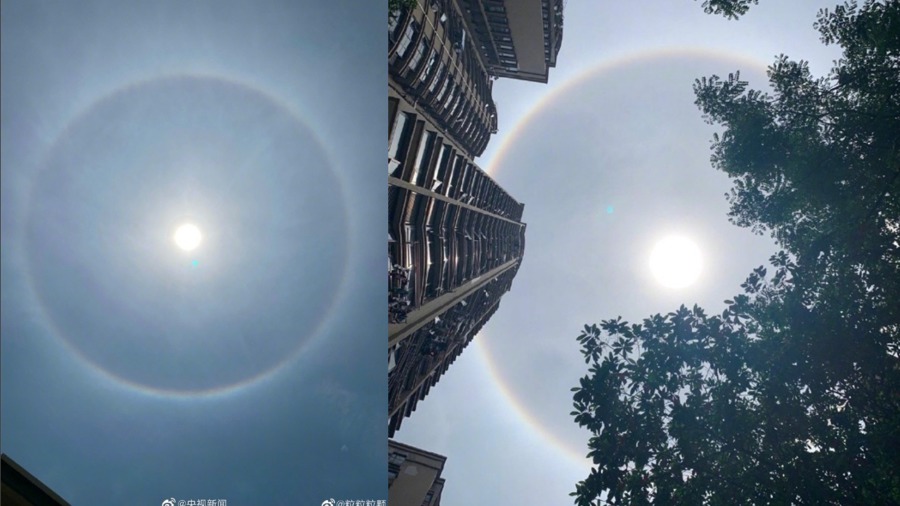 武汉13日中午天空突然出现太阳光圈现象。(图片来源:微博)